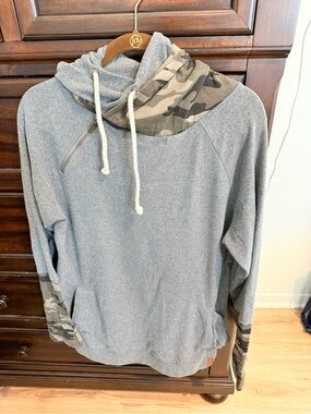 Women's Gray Crewneck Hoodie with Camo Trim